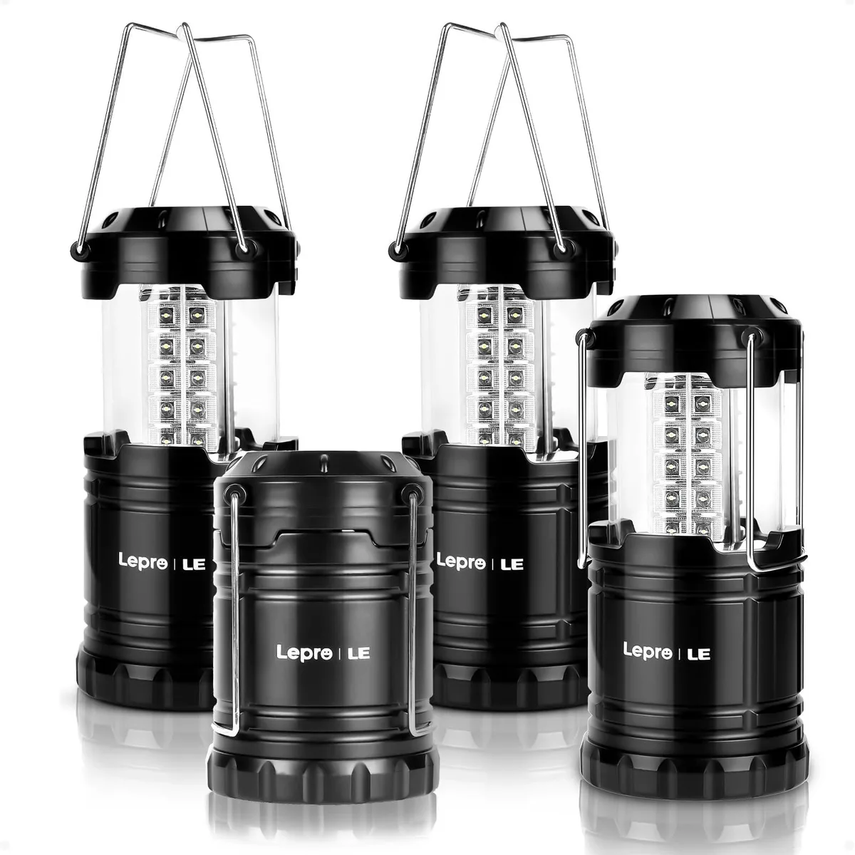 Four black collapsible LED lanterns in a pack