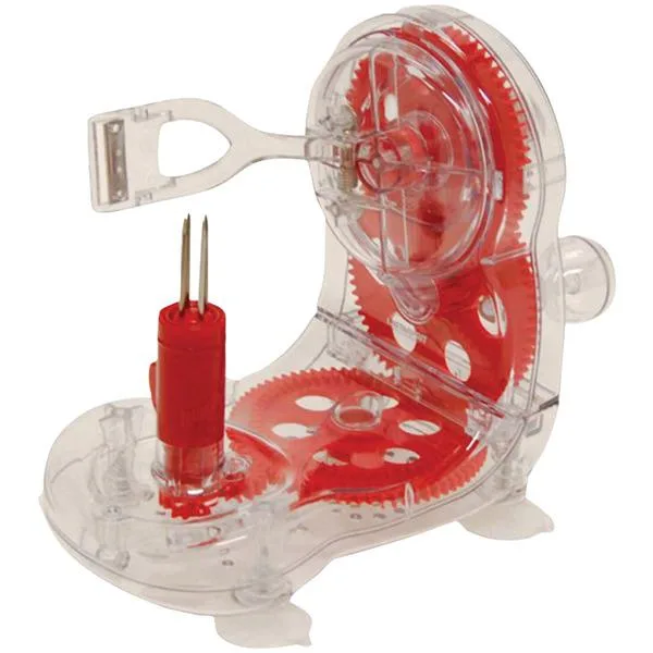 Red plastic apple peeler with spring loaded arm and turning knob