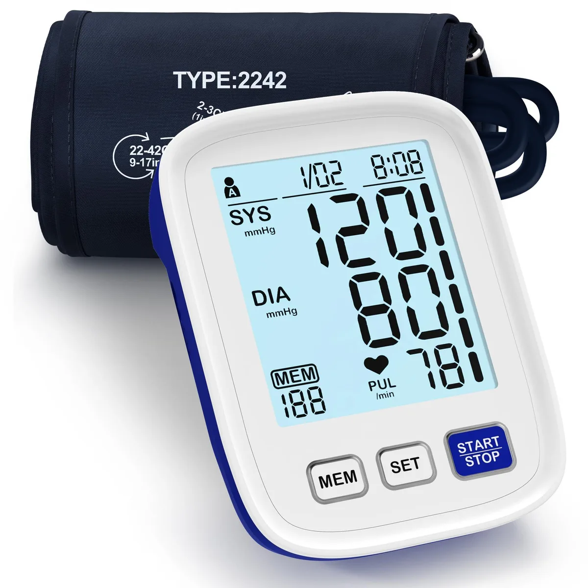  AQESO A01-BS blood pressure monitor 9-17 in cuff 199 memories 3 users — product photo