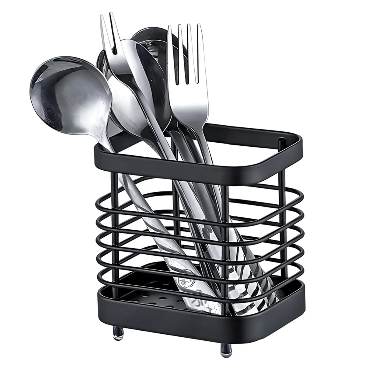 Black stainless steel cylindrical utensil holder with drainage holes and non-slip base