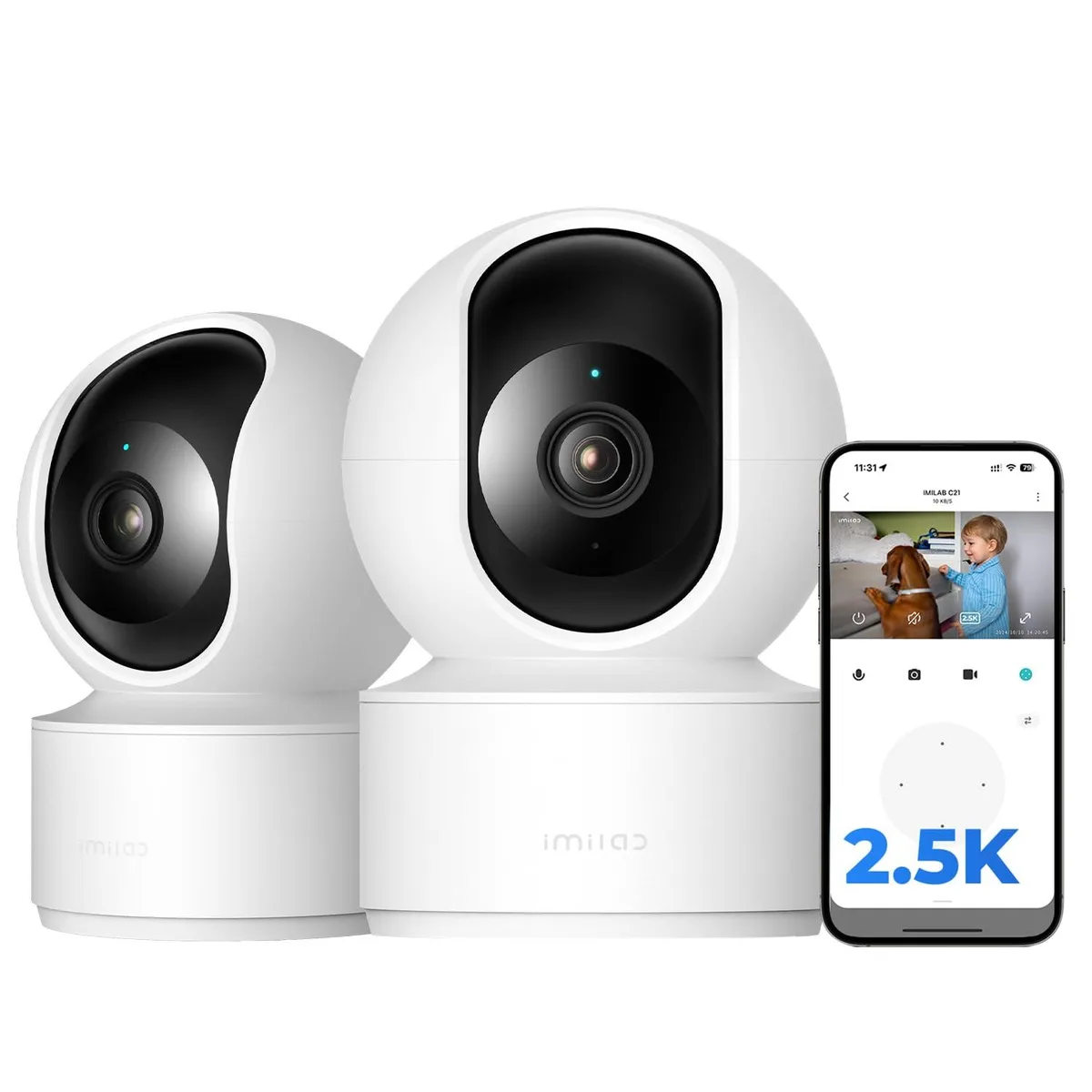 Two white dome cameras on short stands with power cords