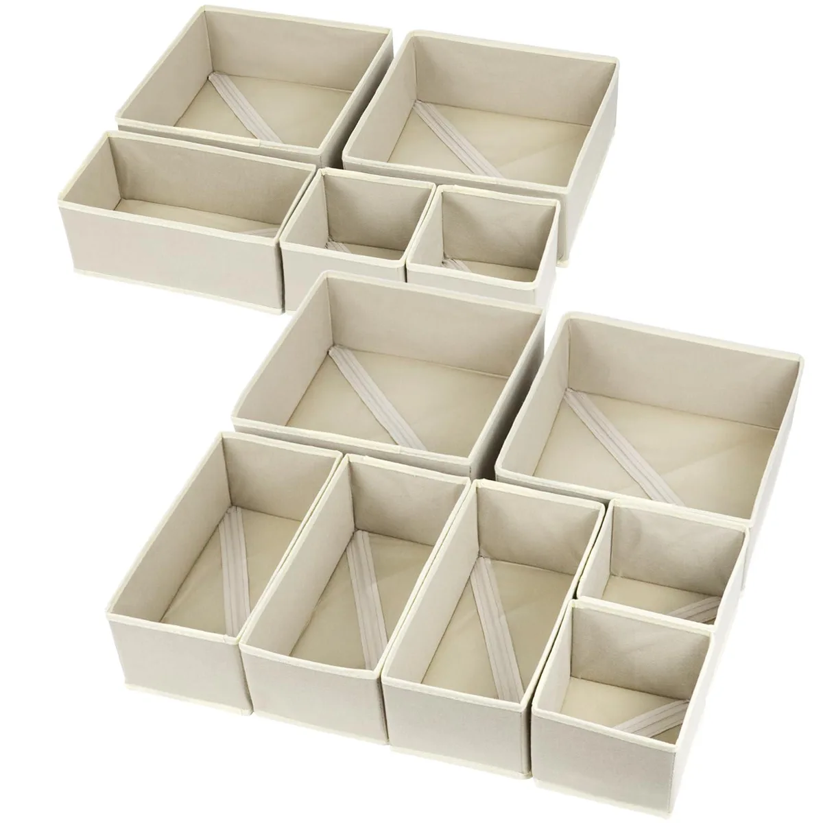 Twelve beige fabric drawer organizers in three sizes, foldable, stacked together