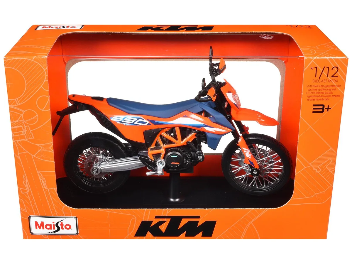 Maisto Maisto 2023 KTM 690 SMC R Orange Blue 1/12 Diecast Motorcycle with Display Base — product photo
