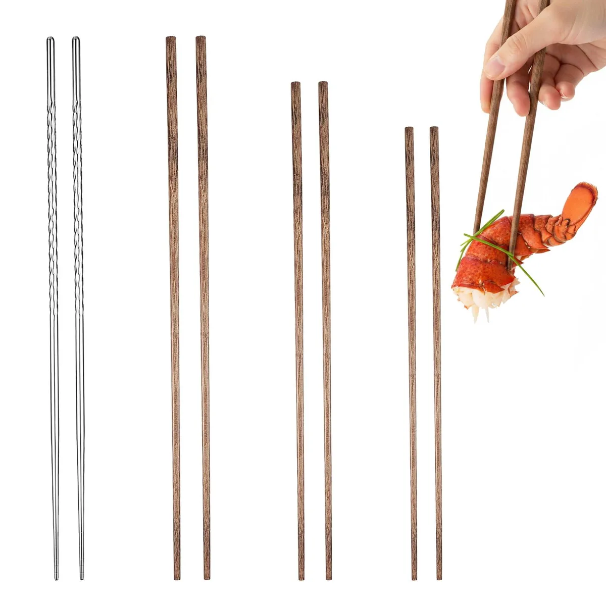 Fourteen silver long cooking chopsticks in wood and stainless steel, lengths 32 35 38 cm