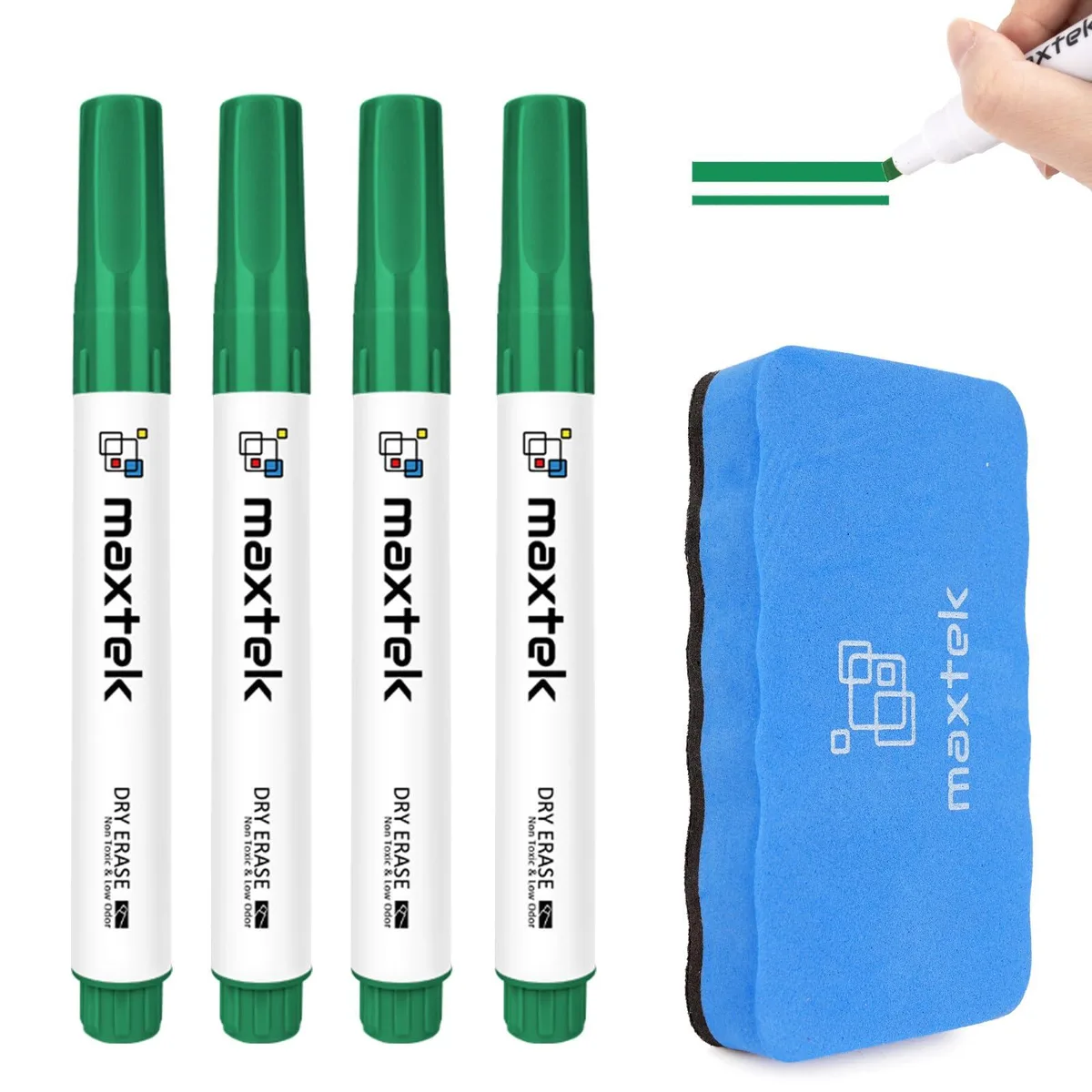 maxtek Green Dry Erase Markers 4 Count with Magnetic Eraser — product photo