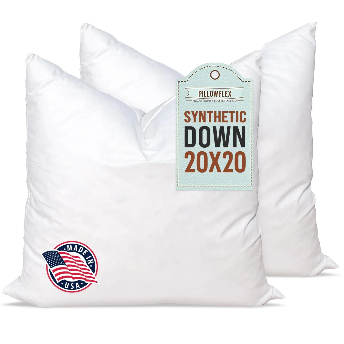 Two white square pillow inserts with poly-cotton covers, 20 by 20 inches, set of two