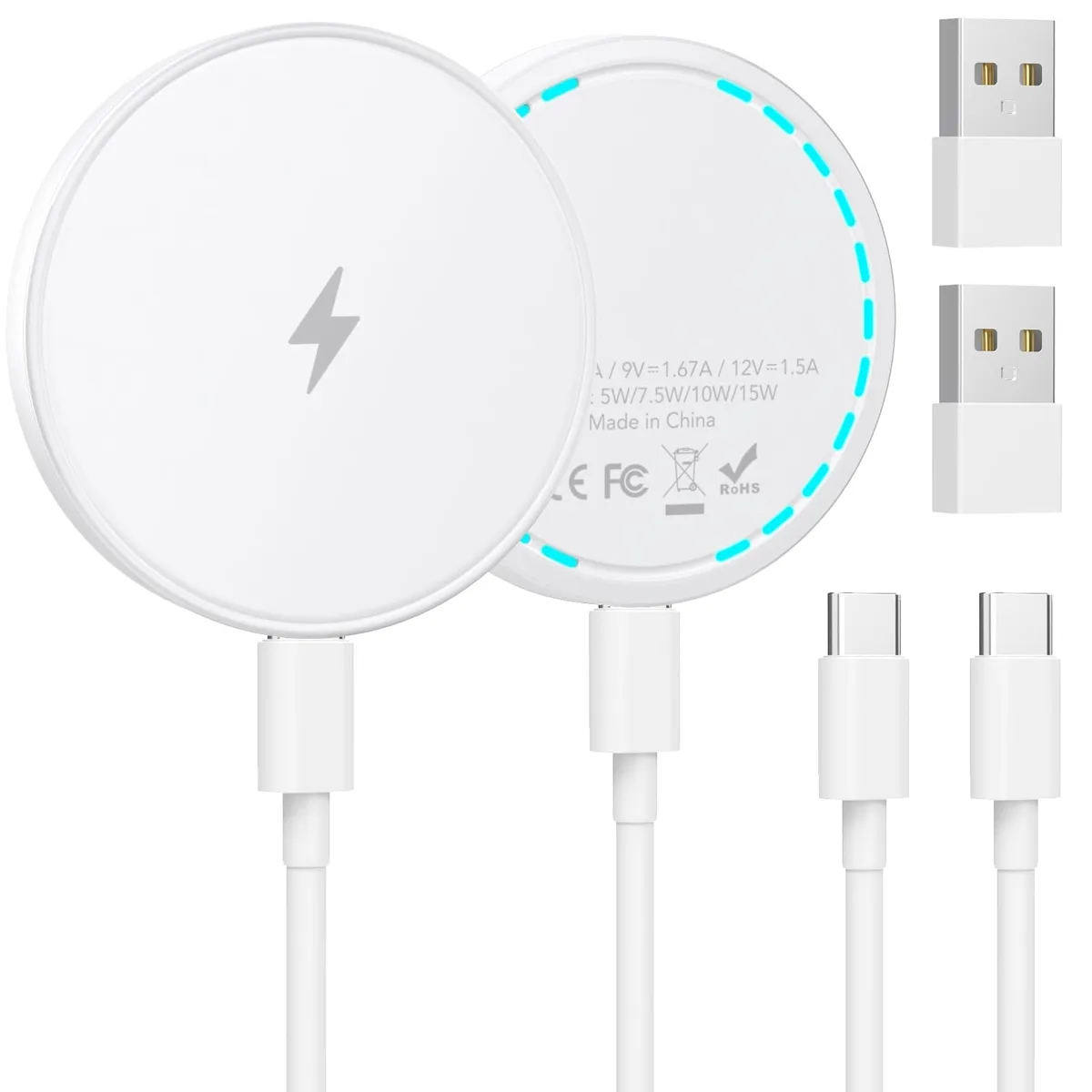 Two white magnetic charging pads with USB-C cables