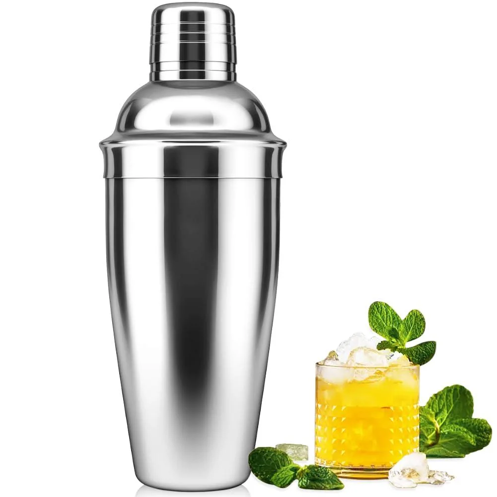 Black stainless-steel 24oz cocktail shaker with built-in strainer, six-piece floral set