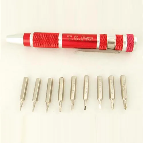 Aluminium pen-shaped driver with pocket clip and twist-cap bit storage