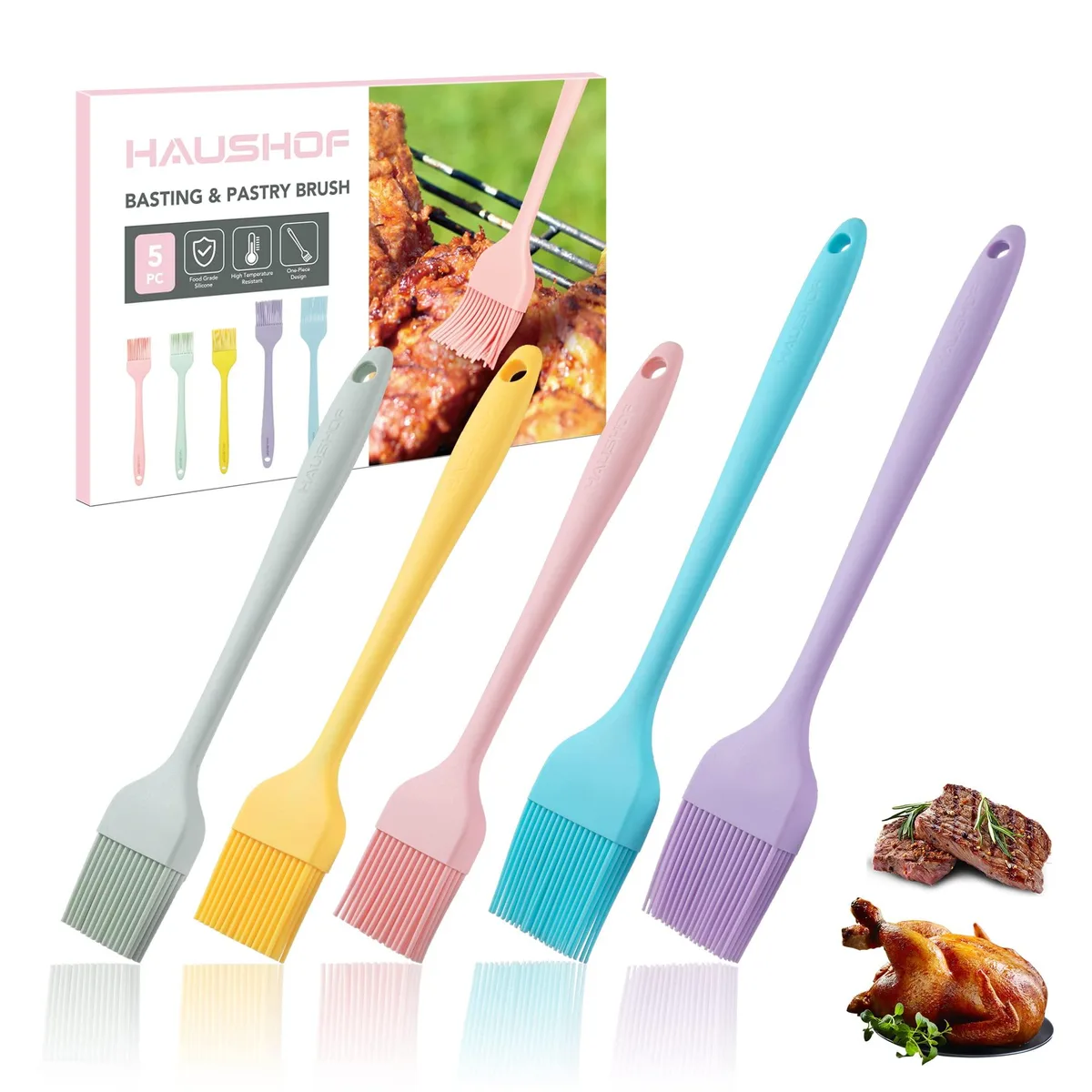 Five silicone basting brushes in purple blue pink green yellow two large three small one piece design hanging holes