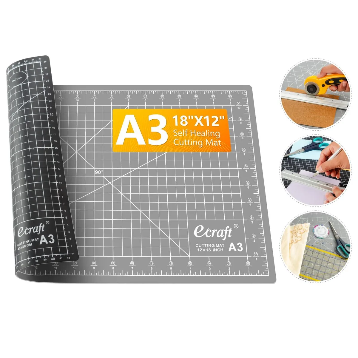 Grey and black double-sided cutting mat, 18 by 12 inches, printed grid lines and angles