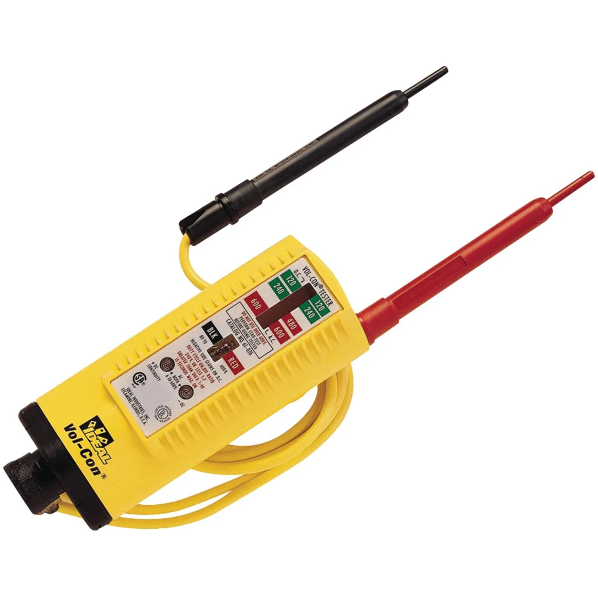 Yellow handheld solenoid voltage tester with probe leads and CAT III 600V rating