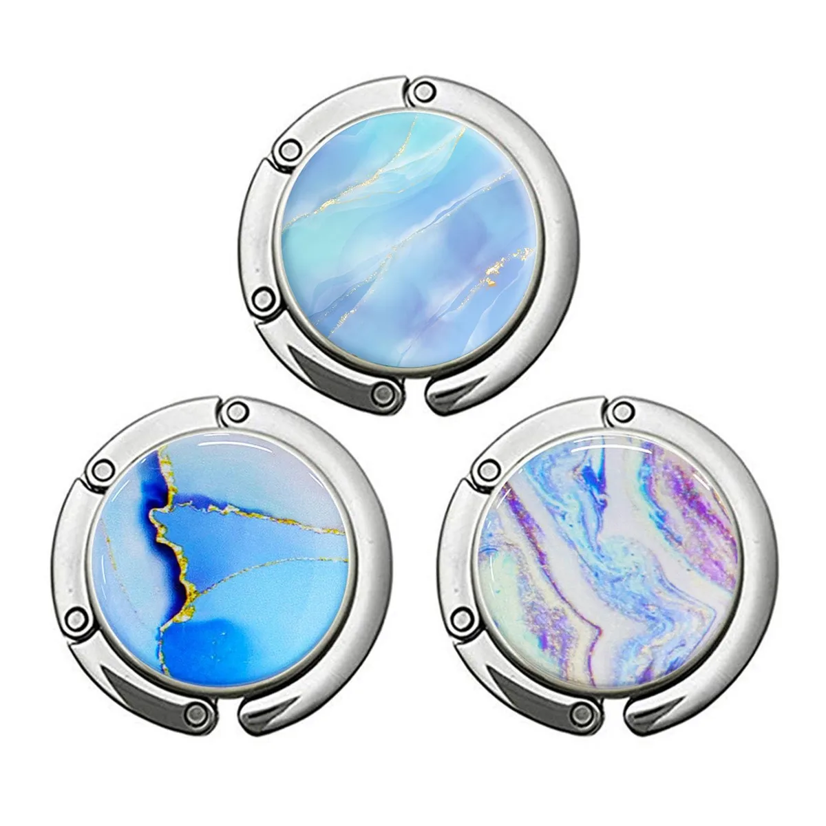 Small foldable purse hook in marble blue finish, 3.6 inch open, 1.7 inch folded, aluminum alloy with rubber base