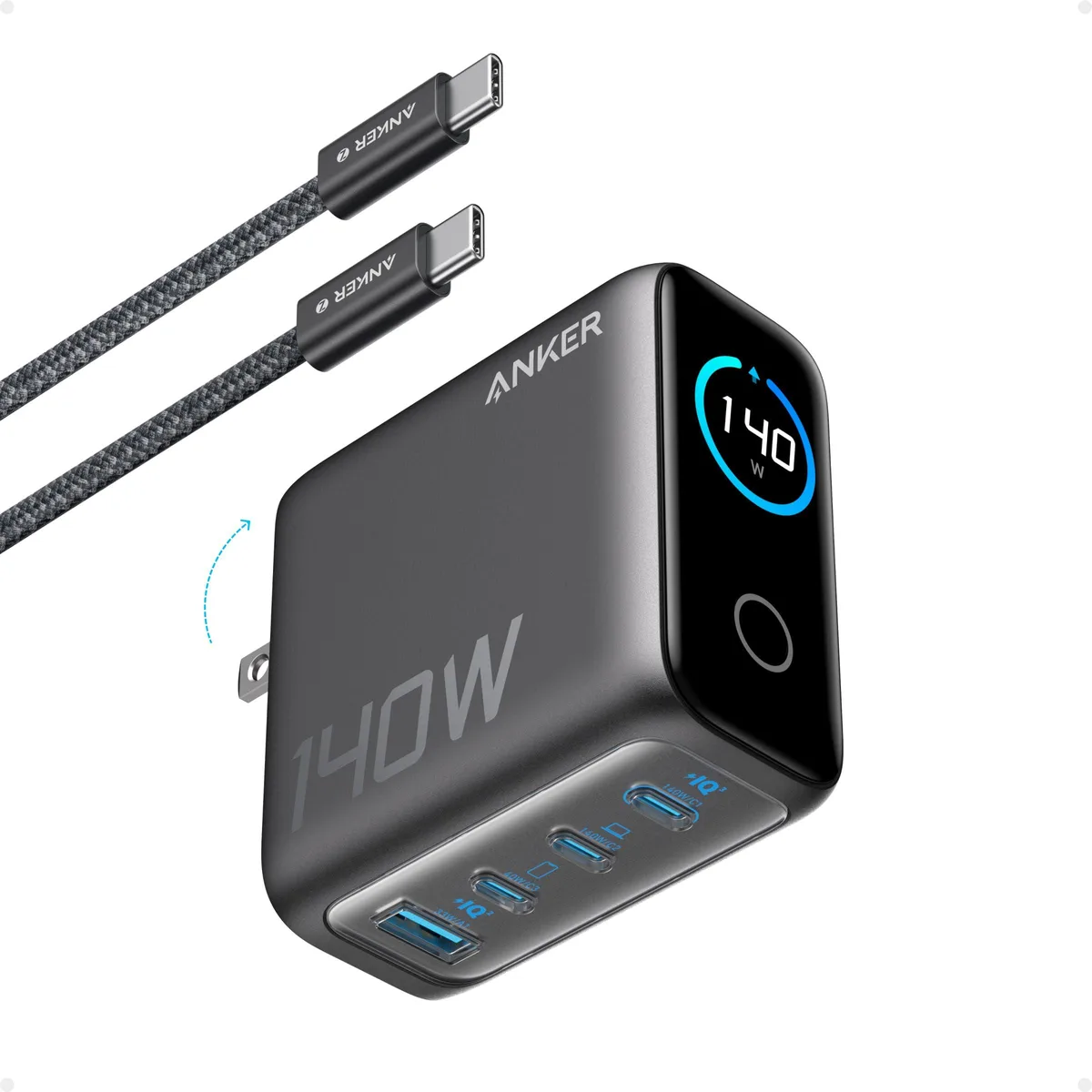 Compact white GaN charger block with colour display and four USB-C ports, 5 ft cable included