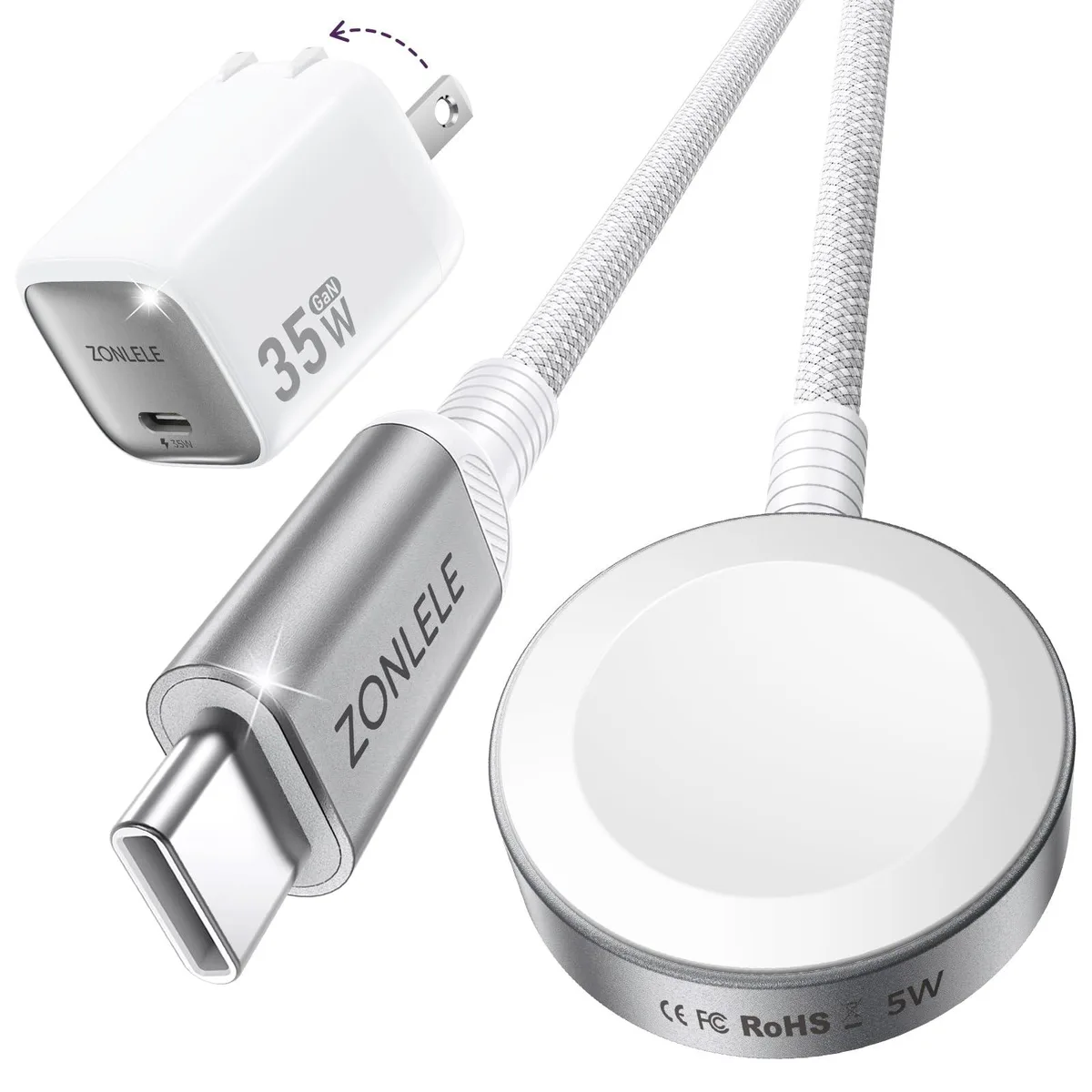 White magnetic Apple Watch charging puck with 3.3 ft cable and compact 35W USB-C foldable wall adapter