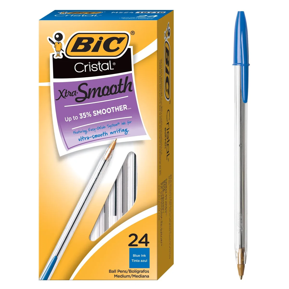 A clear plastic box holding twenty-four blue ballpoint pens with hexagonal barrels and silver tips