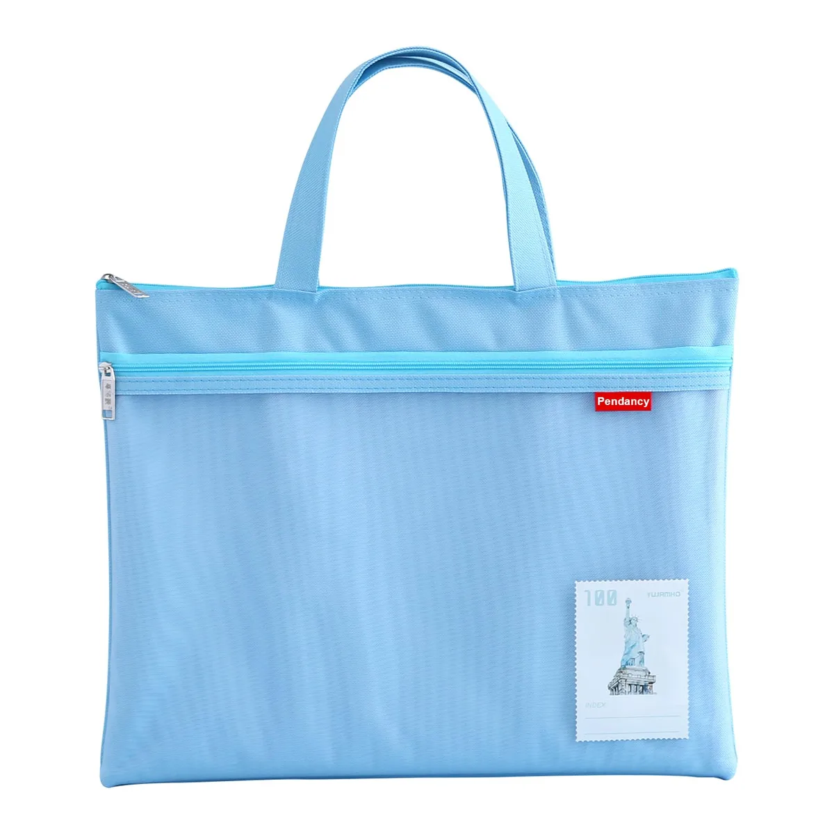Blue mesh zipper pouch with handle, double pocket, A4 size