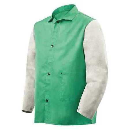 Green and gray flame resistant jacket with leather sleeves size L