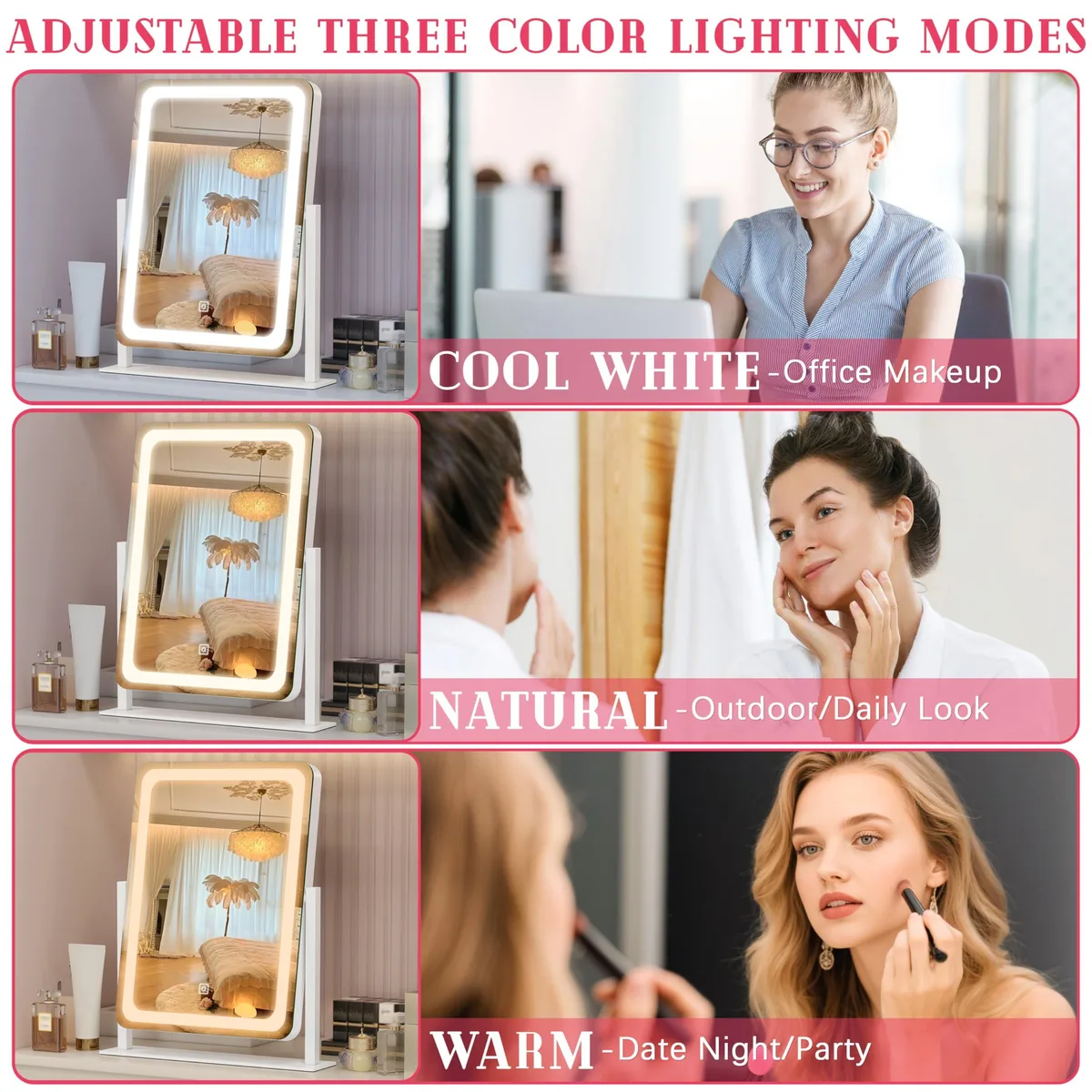 White rectangular LED vanity mirror with touch controls and detachable magnifier on tabletop base