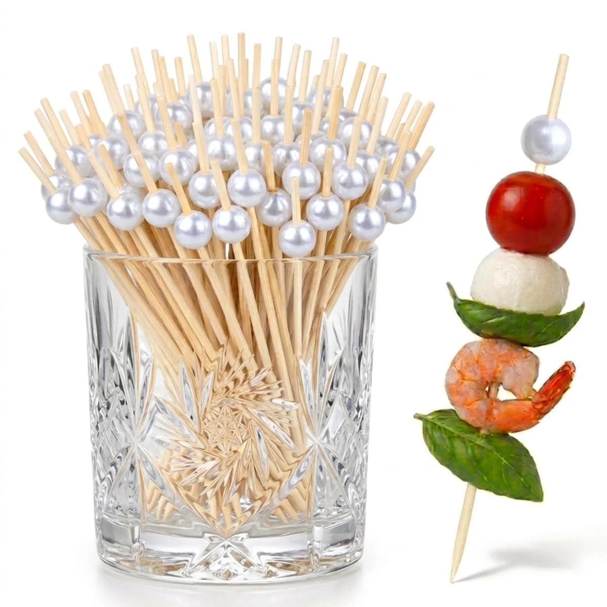 Black bamboo cocktail picks with white faux pearl tops, 100 pieces in resealable bag