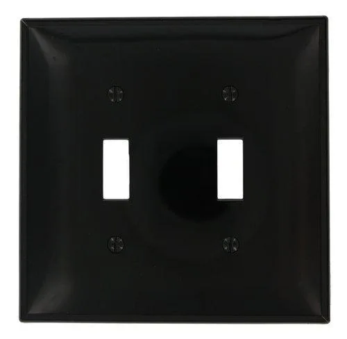 Black two-gang toggle switch plate, midway size, smooth glossy thermoplastic