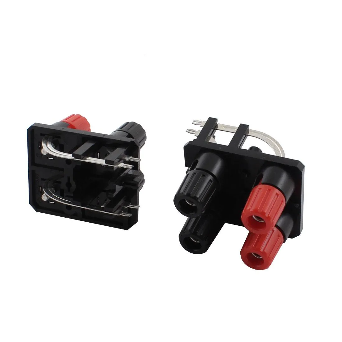 Two black and red screw-type speaker terminals with four positions each