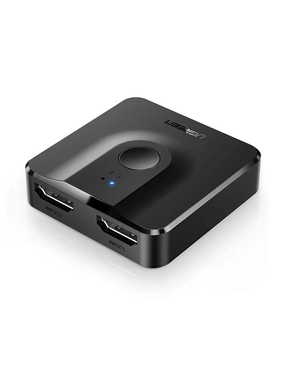Small black square HDMI switch with button and three ports