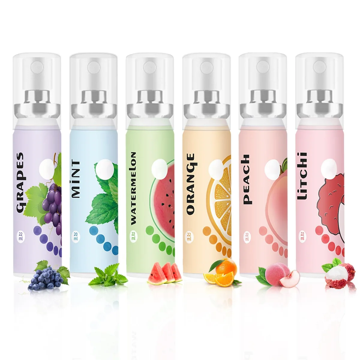 Six small spray bottles in assorted fruit flavours