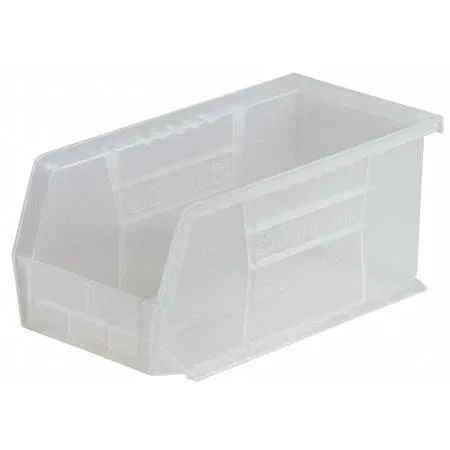 Clear plastic storage bin, 18 x 8 1/4 x 9 in, hang and stack design, label slots, 60 lb capacity