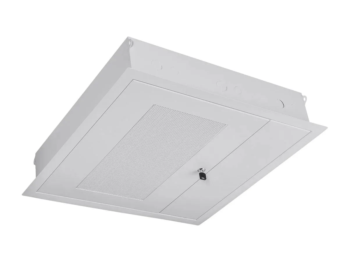 White metal ceiling enclosure with perforated door panel, fits 2x2 ft grid, includes lock and keys