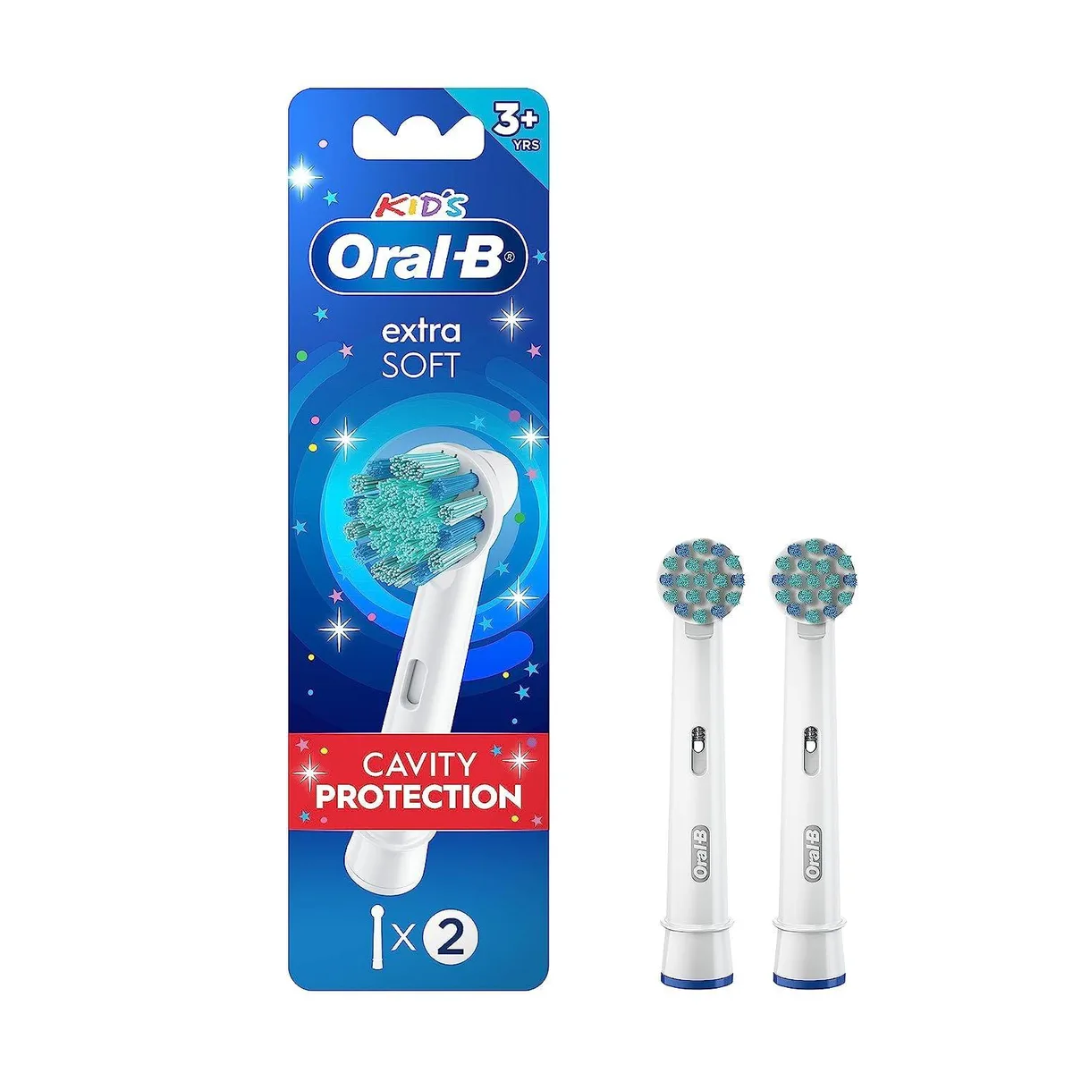 Two small round blue brush heads with white bristles in clear packaging