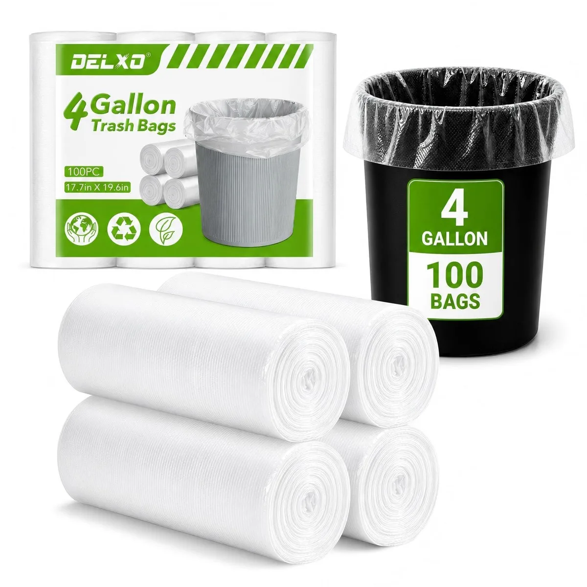 Clear plastic trash bags on four rolls, 100 count total