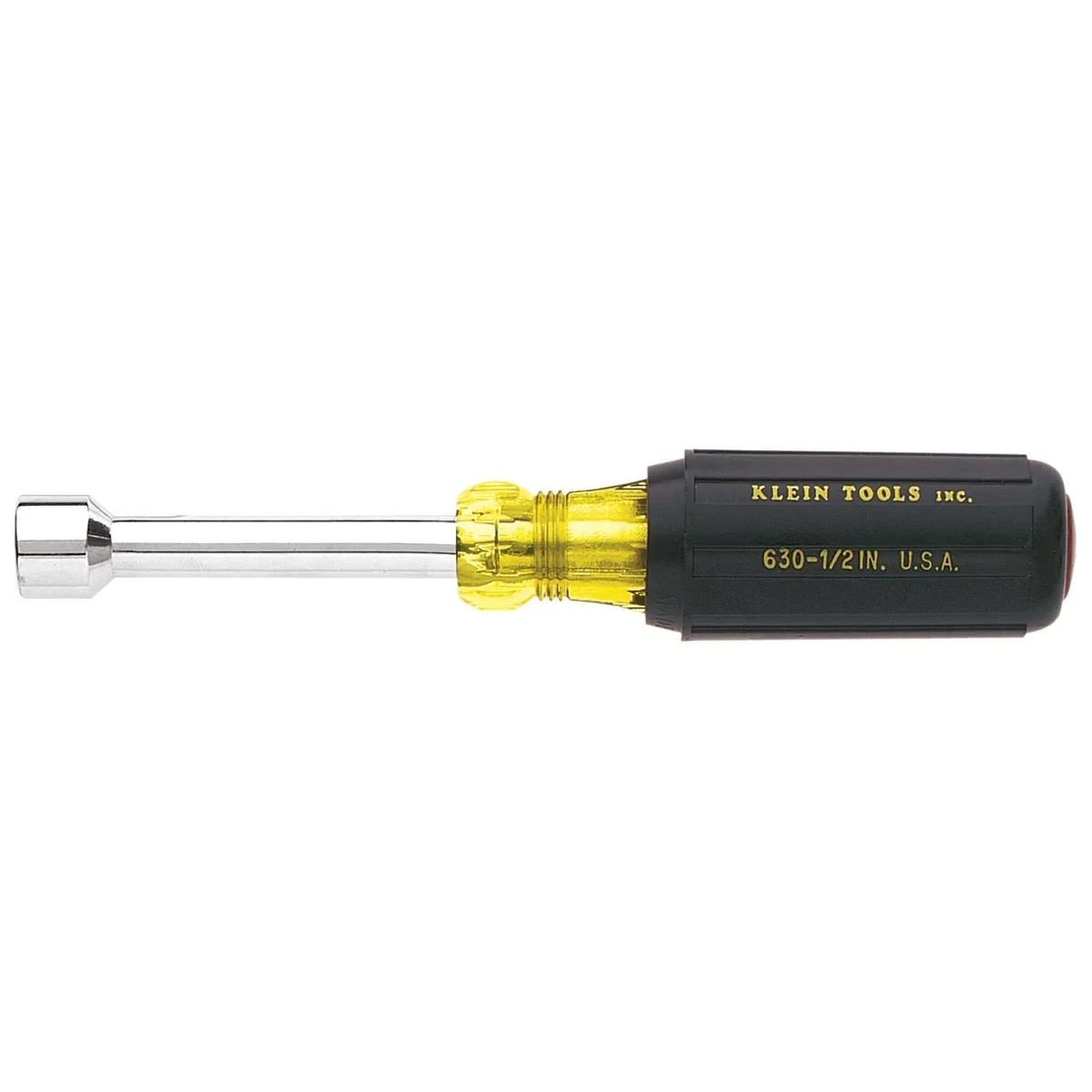 Klein Tools 7/16 inch hollow nut driver with brown cushion grip and chrome shank