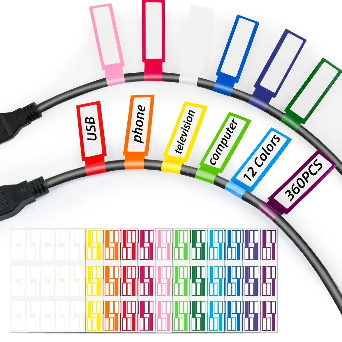 A4 sheet of 360 multicolour self-adhesive cable labels, 12 colours, 3.3 x 1 inch each