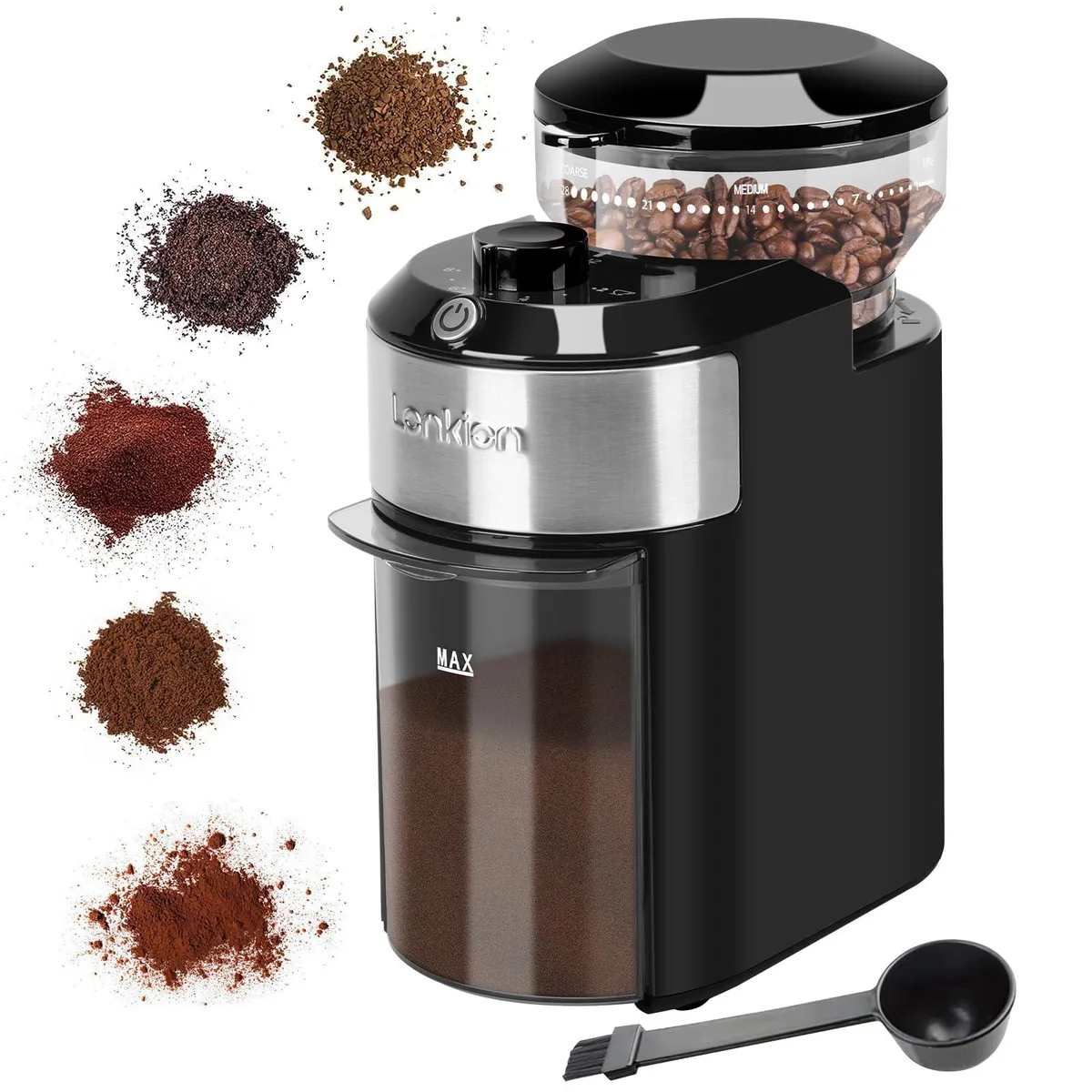 Breville coffee grinder, stainless steel finish, compact rectangular shape, 28 grind settings, 11 cup capacity