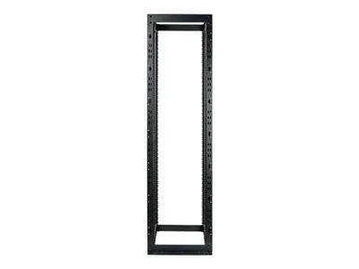 Tall black open-frame steel server rack with numbered square-hole rails
