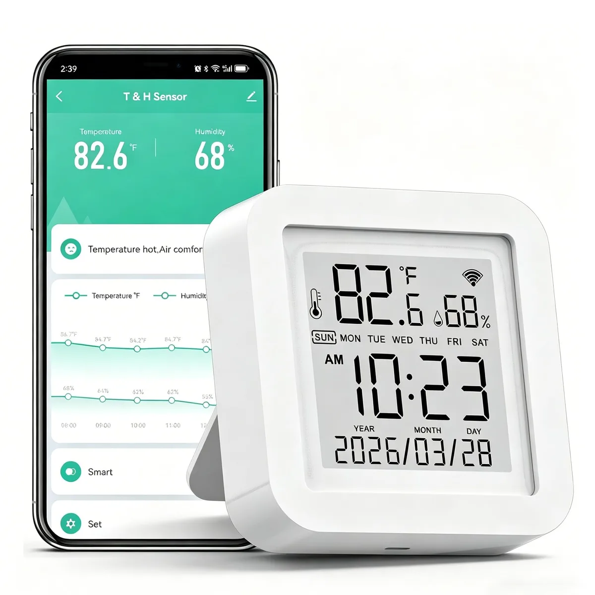 White square WiFi thermometer hygrometer with LCD screen, 2.6 by 2.6 by .8 inches