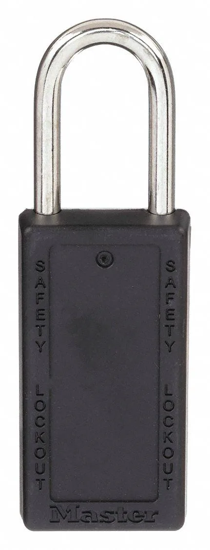 Black thermoplastic safety padlock with hardened steel shackle and keyed alike cylinder
