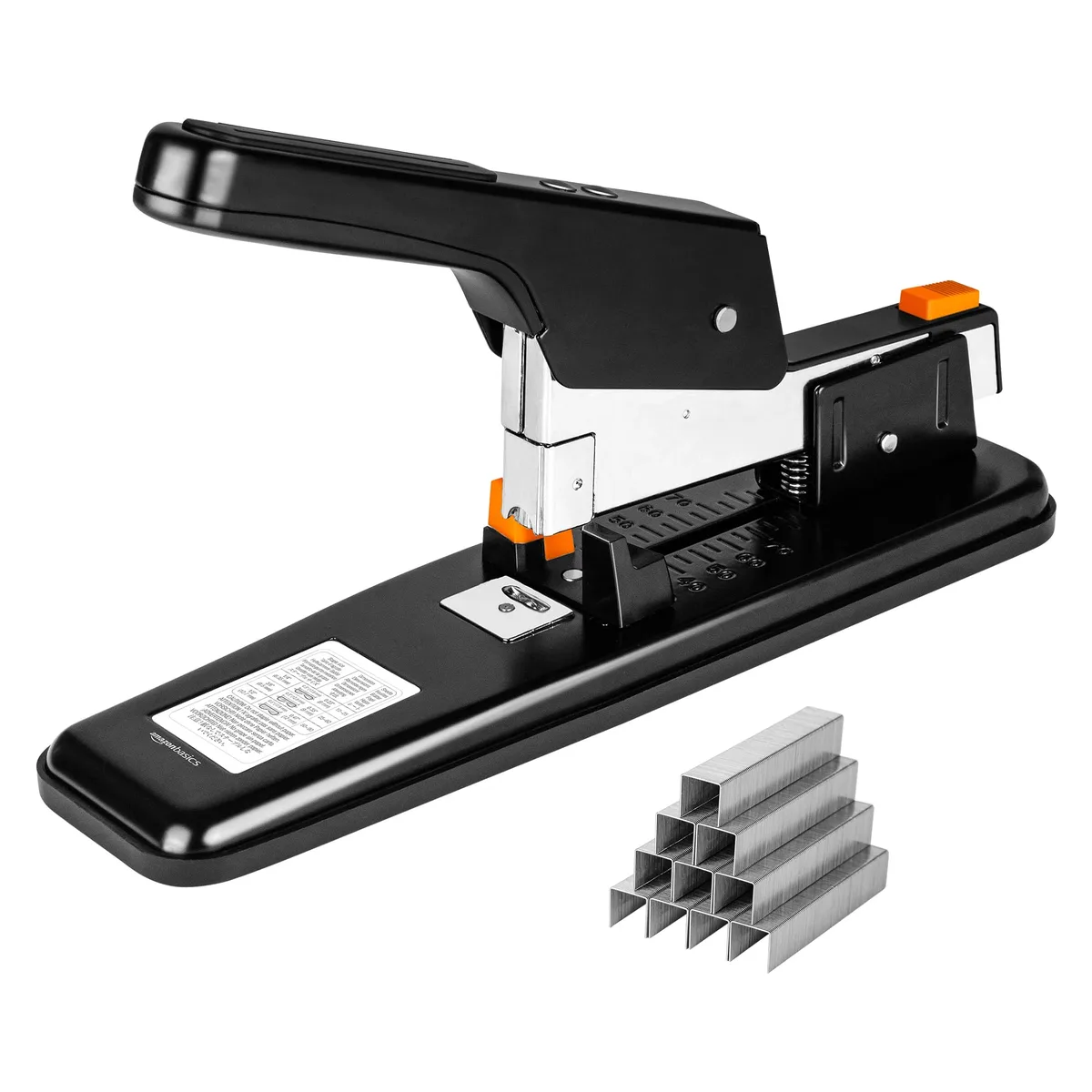 Black all-metal heavy-duty stapler with non-slip base and integrated graduation mechanism