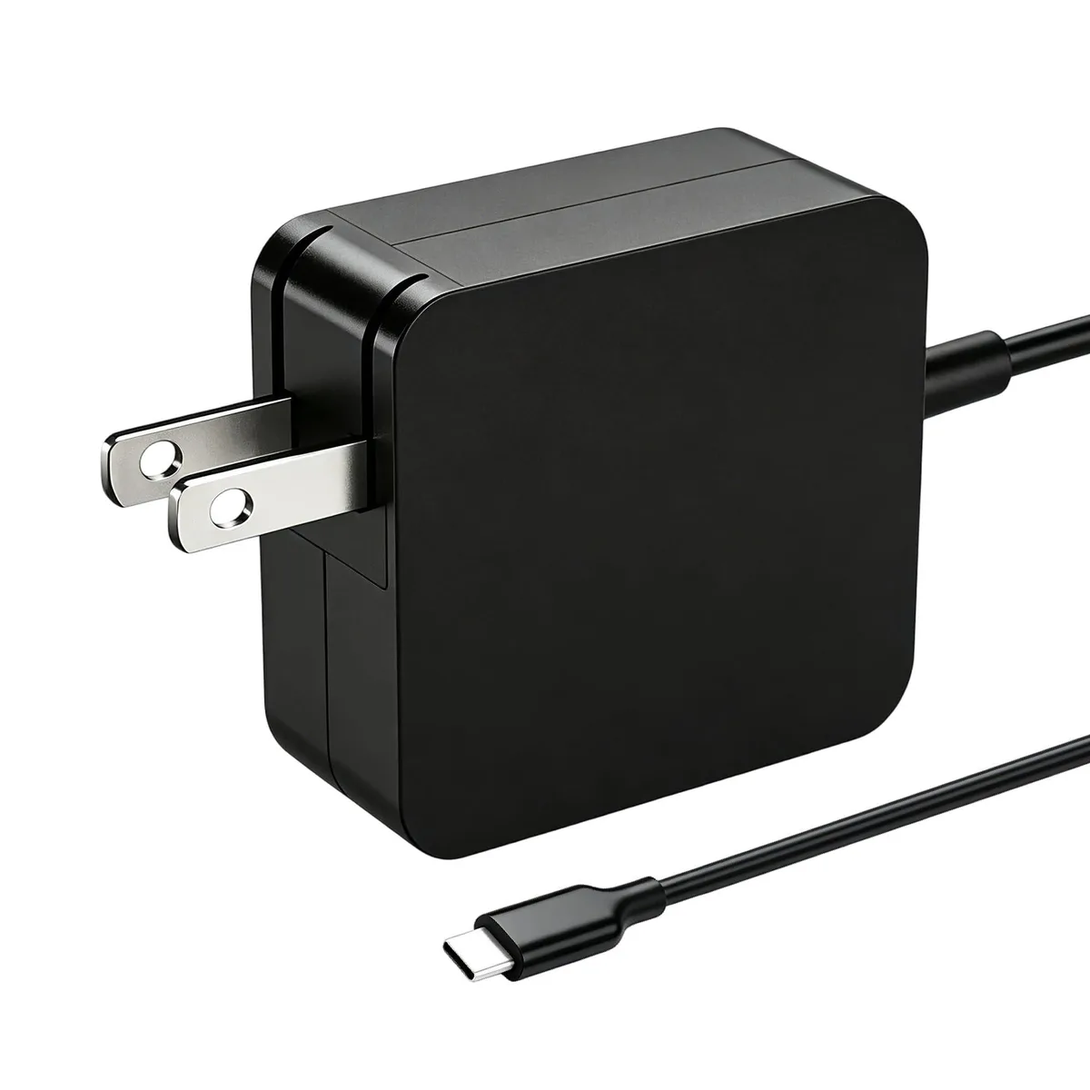 Compact black USB-C power adapter with detachable mains cord