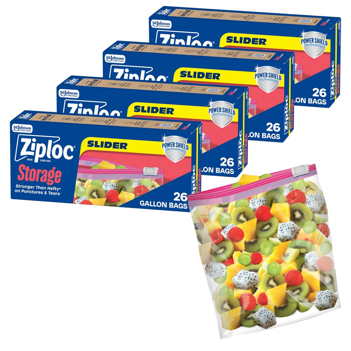 Beige plastic food storage bags with slider closure, 104 count, 15 inch size