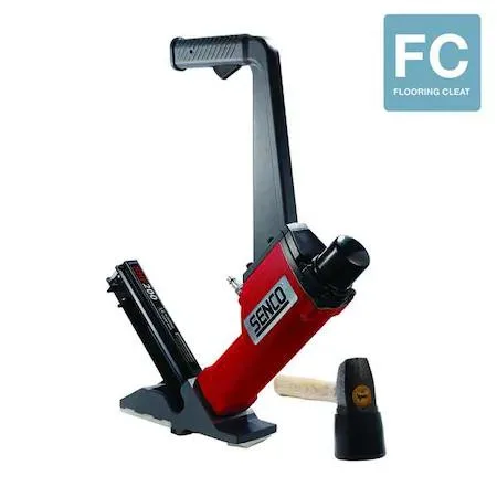 Red pneumatic flooring stapler with top exhaust and magazine
