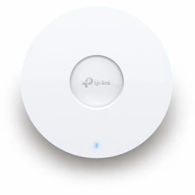 White circular ceiling-mounted wireless access point with smooth matte finish and subtle branding