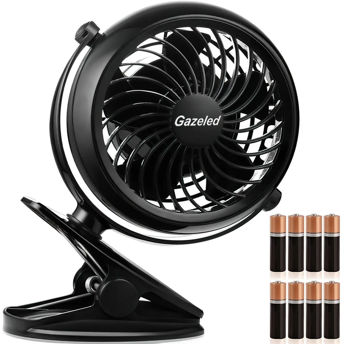 Small white plastic clip-on fan, 5.2 by 7.5 inches, five painted blades, 360-degree rotation