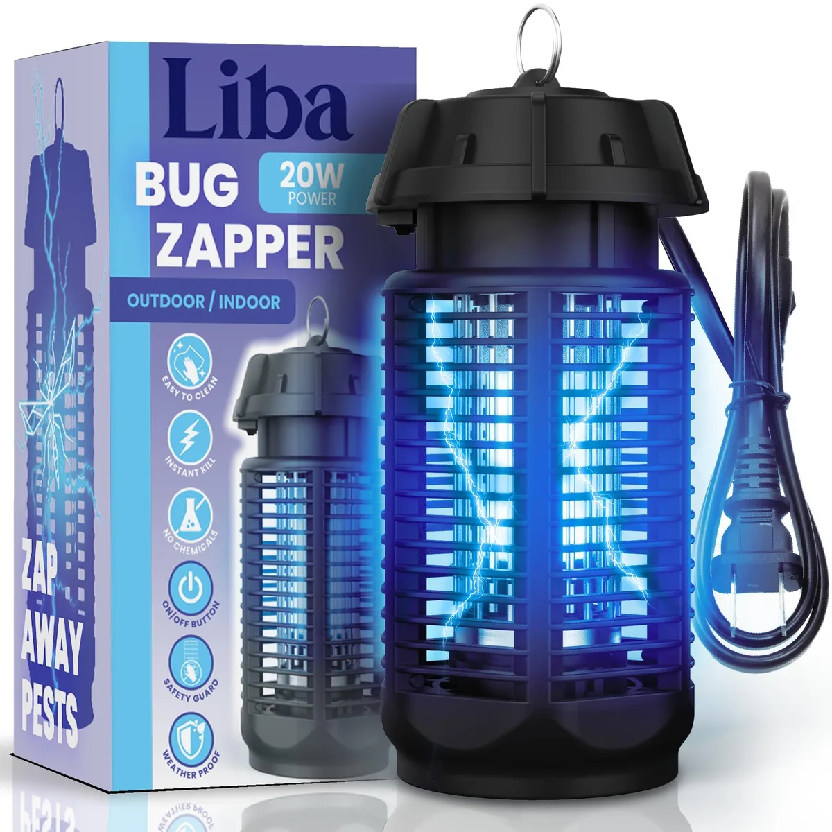 Black cubic bug zapper lantern with vertical grid, hook, and 59in power cord