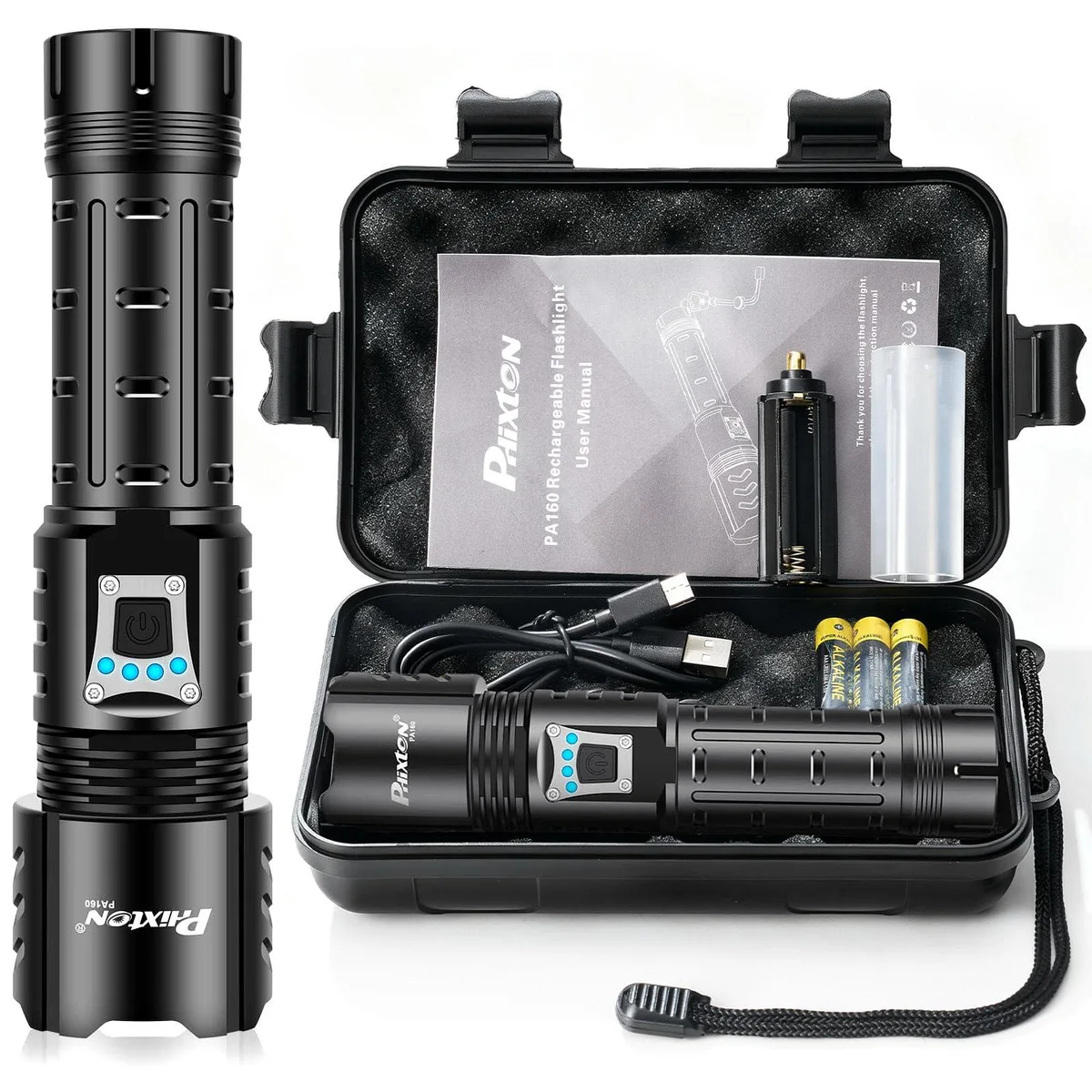 Cylindrical aluminum flashlight with zoomable head and USB-C port