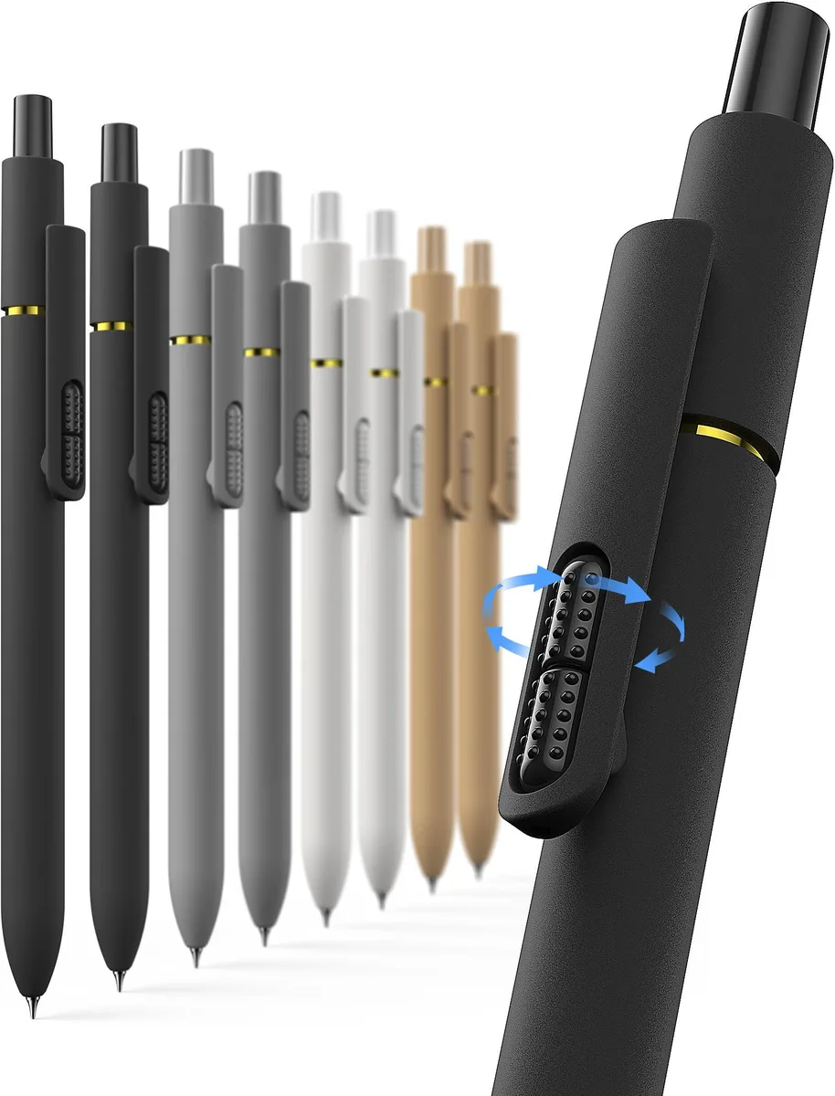 Eight black gel pens with fidget clips lying together