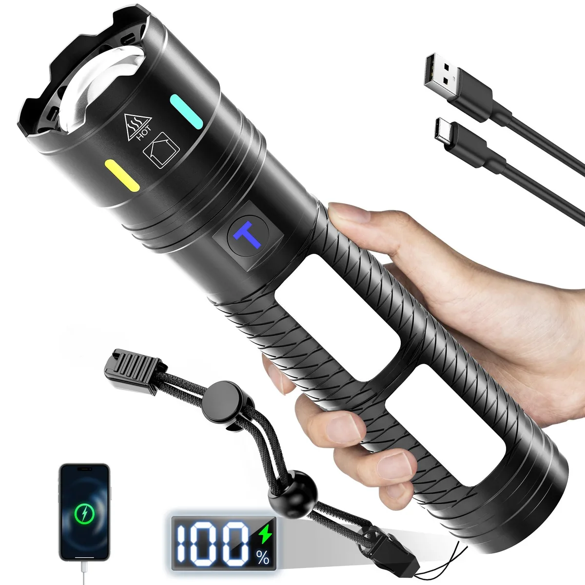 Cylindrical aluminium flashlight with fluorescent head strip and LCD battery display