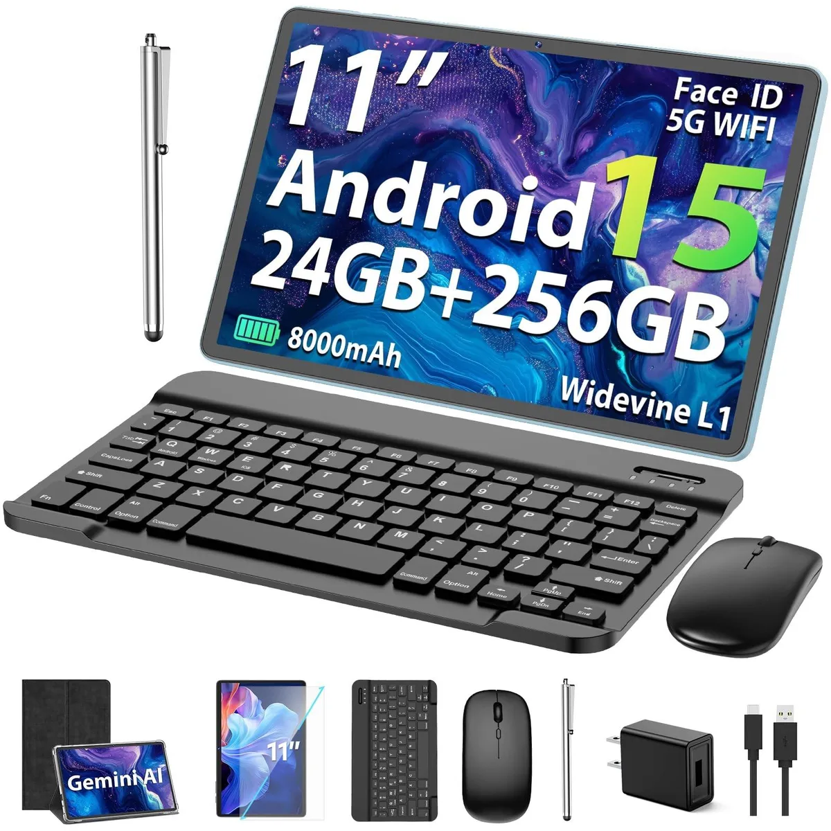 Black 11 inch Android tablet with detachable keyboard case, stylus and mouse