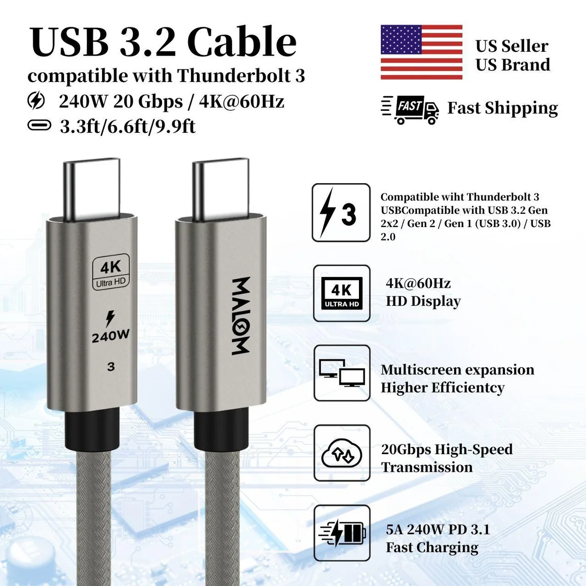 MALOM MALOM USB32CC240W USB C to USB C cable 240W 20Gbps 4K 60Hz 3.3 ft Thunderbolt 3 — product photo